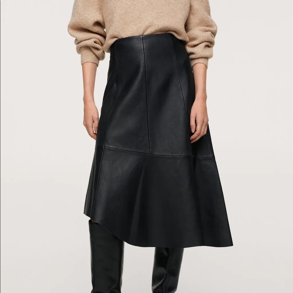 MANGO | Genuine Leather Asymmetric Midi Skirt